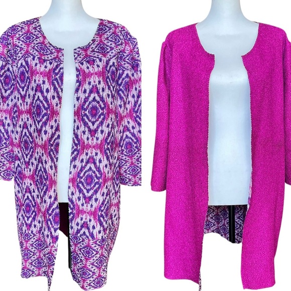 Chicos Travelers Collection Womens Sz 2 / 12 Reversible Pink Crushed Ikat Jacket - Picture 1 of 14